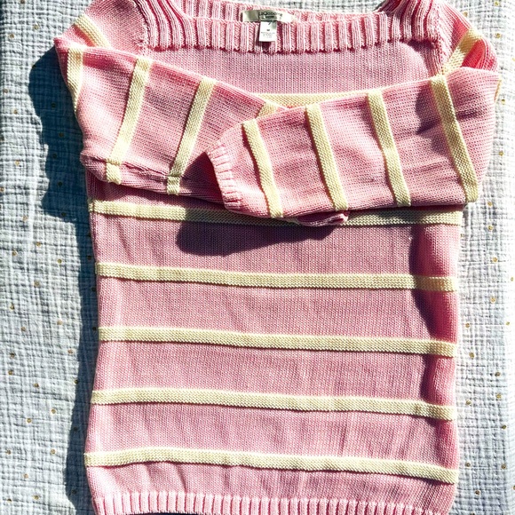 SPRING SALE! Liz Claiborne pink and cream color striped cotton crew sweater - Picture 1 of 6